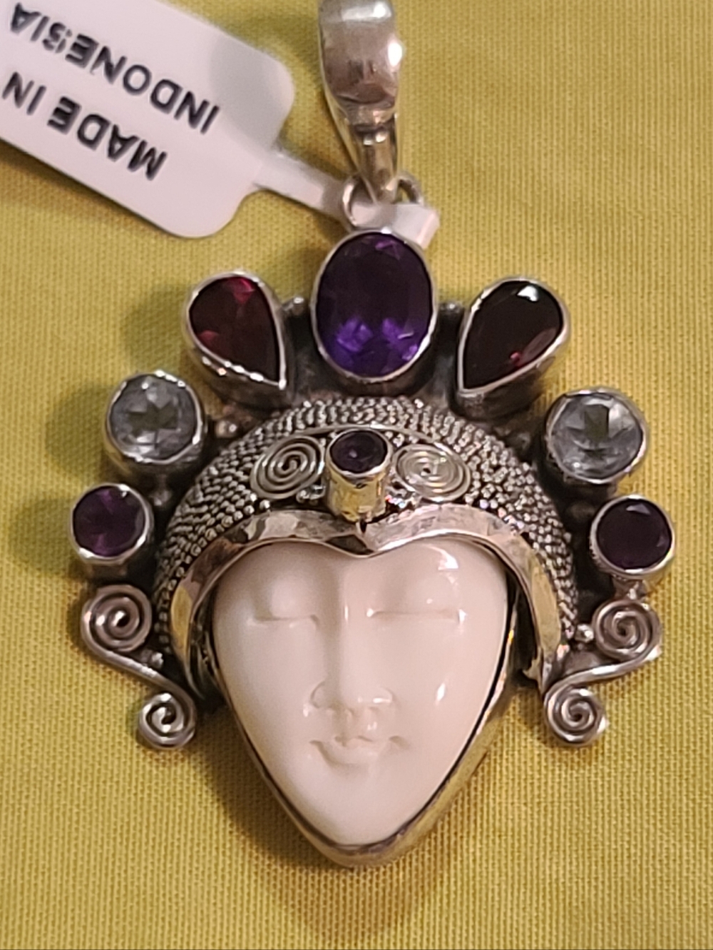 Serene Faced Indonesian Amethyst-Pink Tourmaline-Blue Topaz Crowned Pendant 925✨